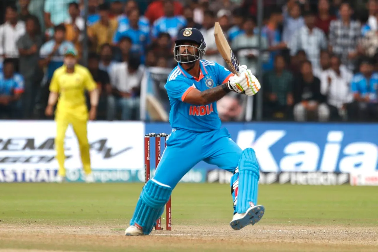 He looks off balance, but that is Suryakumar Yadav as he goes attacking, India vs Australia, 2nd ODI, Indore, September 24, 2023