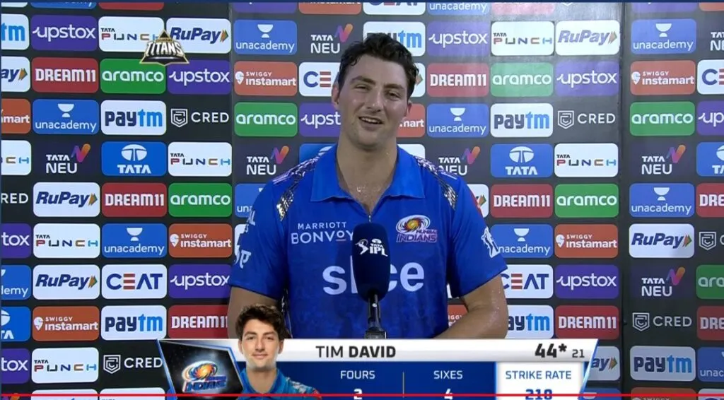 'जितना हो सके नेट्स में कोशिश करें' 'MOM' बने Tim David ने बताया मैच जीतने का नुस्खा