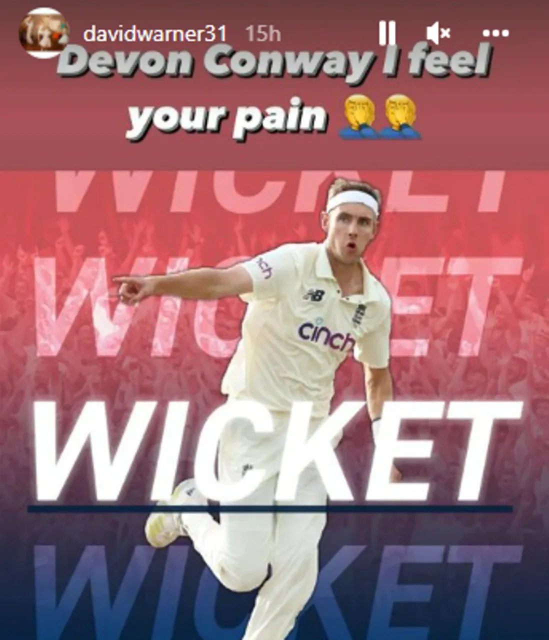 David Warner post on devon conway