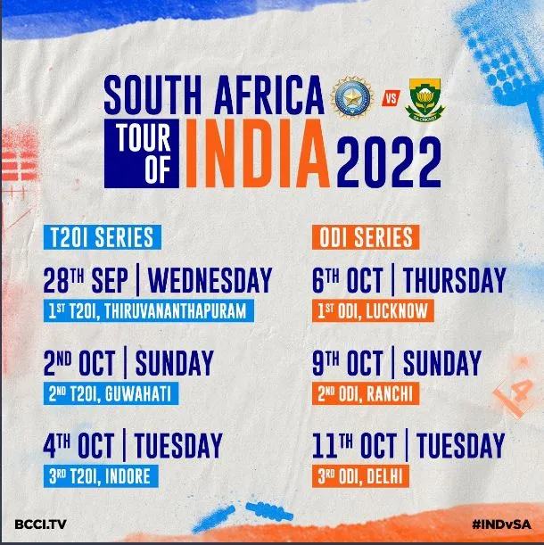 BCCI Announces schedule for South Africa T20 & ODI Series 2022