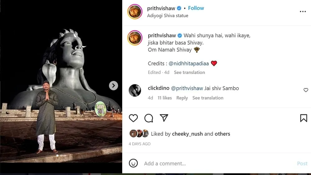 Prithvi Shaw Instagram Post