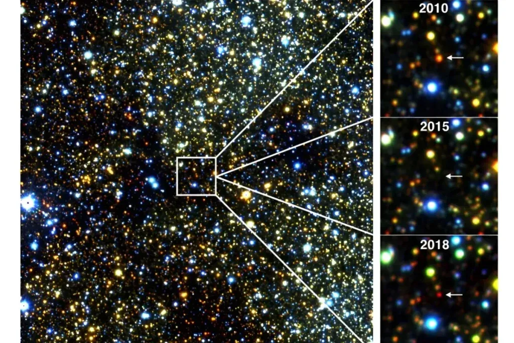 Infrared images from the University of Hertfordshire reveal a red giant star, about 30,000 light years away near the Milky Way's center, fading and then reappearing over several years.</p>
<p>