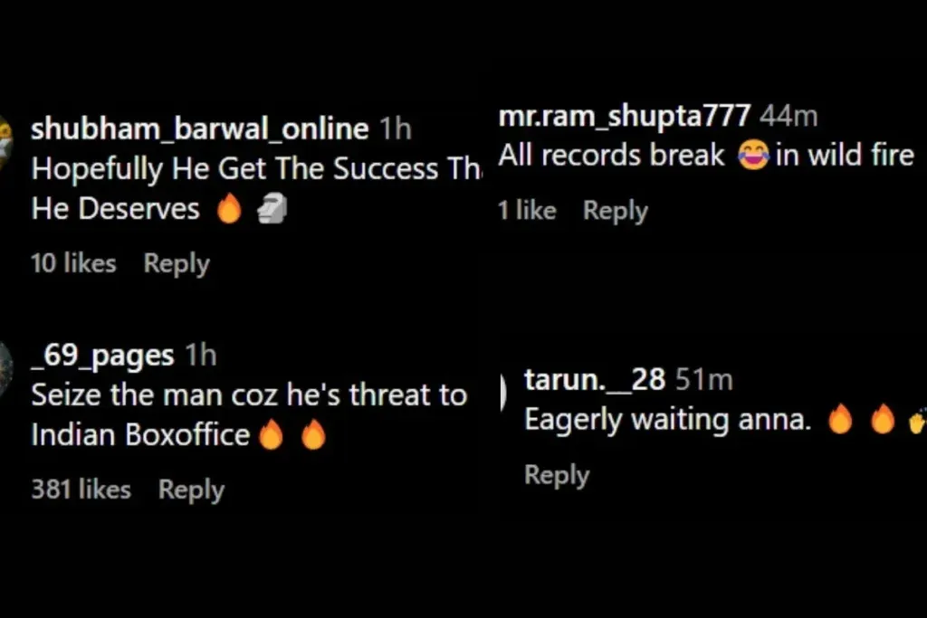 Pushpa 2 The Rule Making video comment section on Instagram