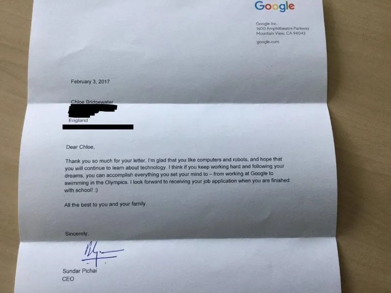 Sundar Pichai, CEO, Google responds to 7-yr old Chloe Bridgewater