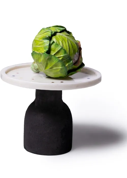 A cabbage-inspired vase rendered in glazed stoneware clay at Eeshaan Kashyap's Play