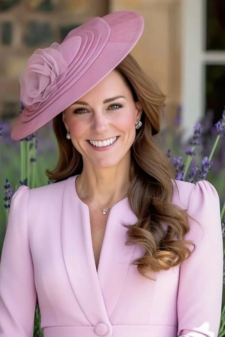 This may contain: a woman in a pink suit and hat standing next to lavender flowers with long hair