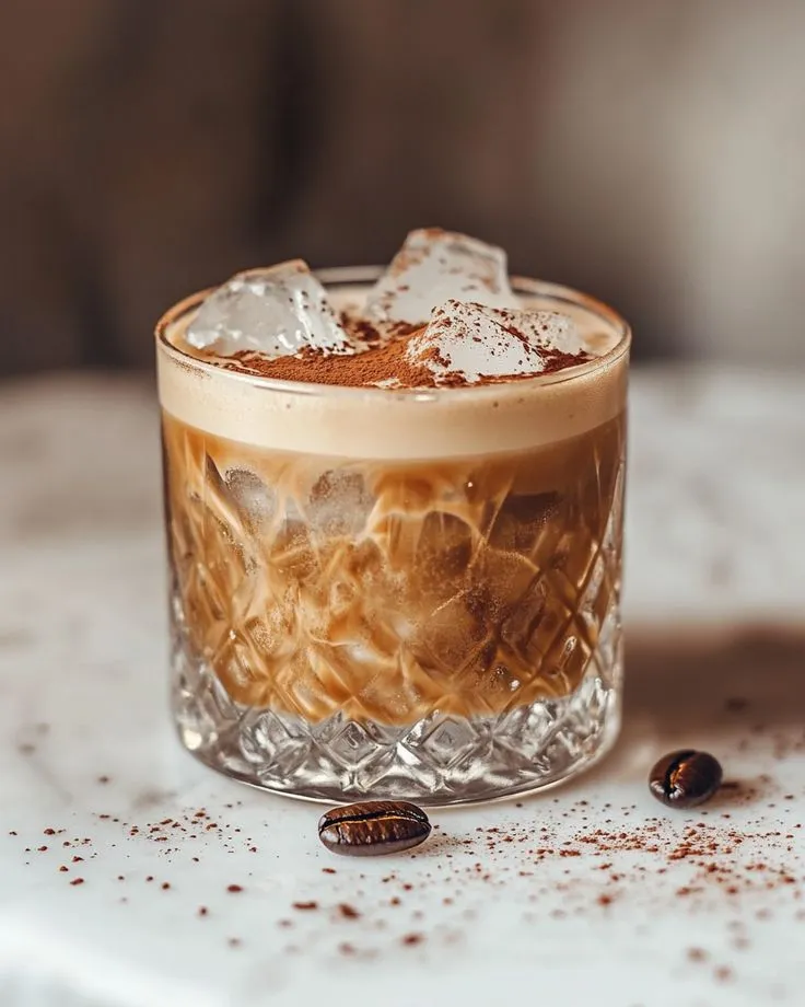 This may contain: a glass filled with liquid and ice on top of a white countertop next to some nuts