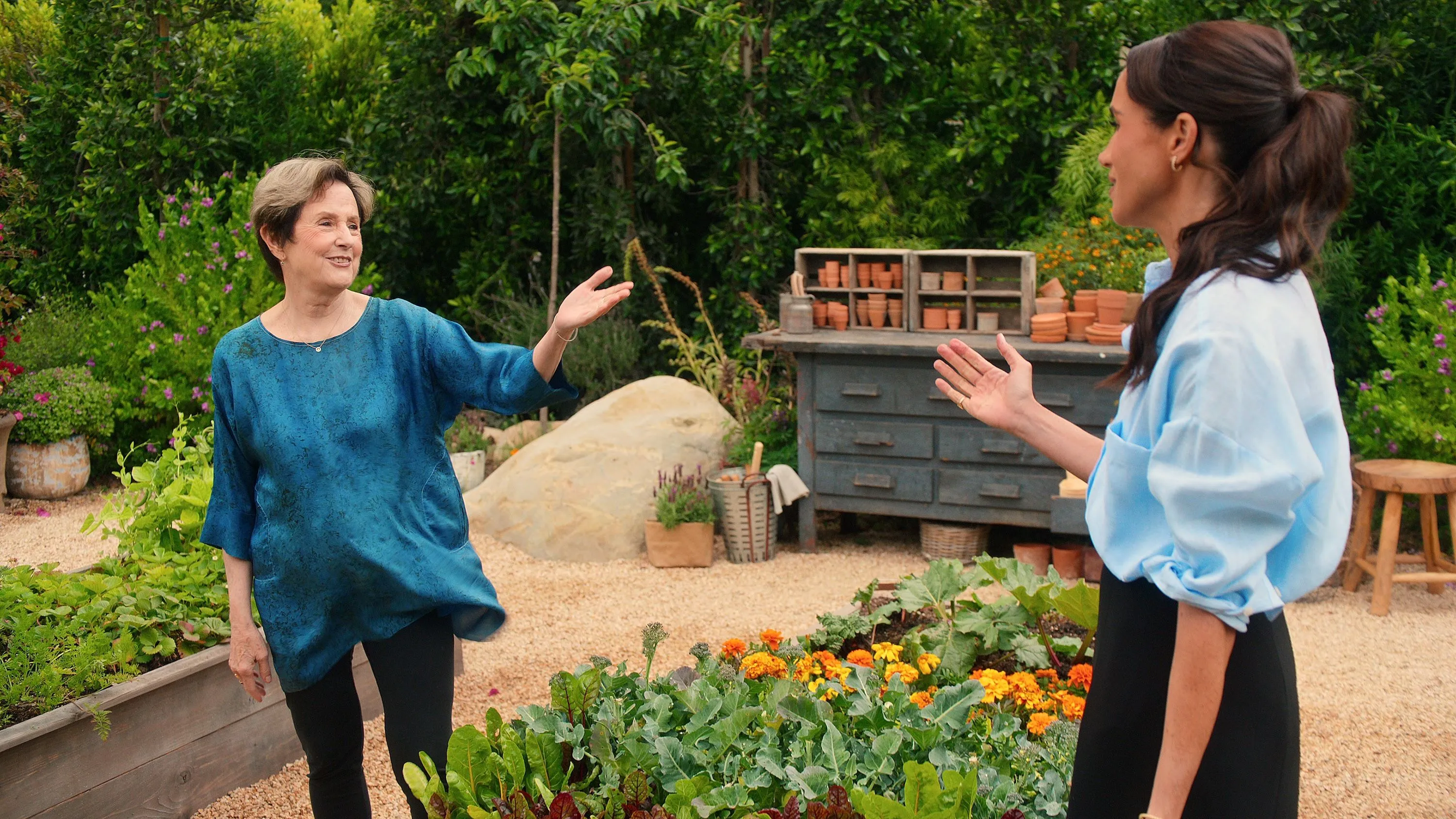 with love, meghan. (l to r) alice waters, meghan, duchess of sussex in episode 108 of with love, meghan. cr. courtesy of netflix © 2024