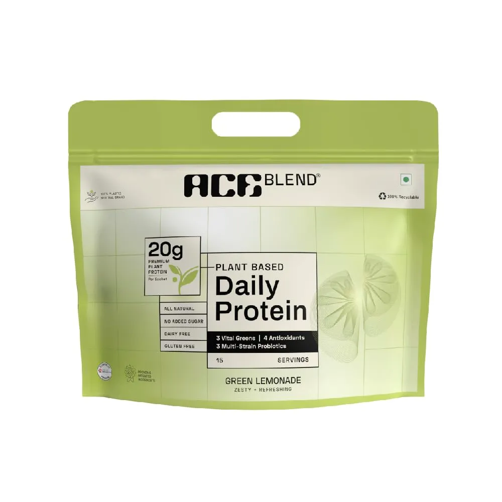 Ace Blend DAILY 20G Vegan Plant Protein Powder | 30 Servings | Green  Lemonade | 4 Vital Greens, 4 Antioxidants, 3 Probiotics | Blended for All  Men & Women | 100% Gut Friendly : Amazon.in: Health & Personal Care