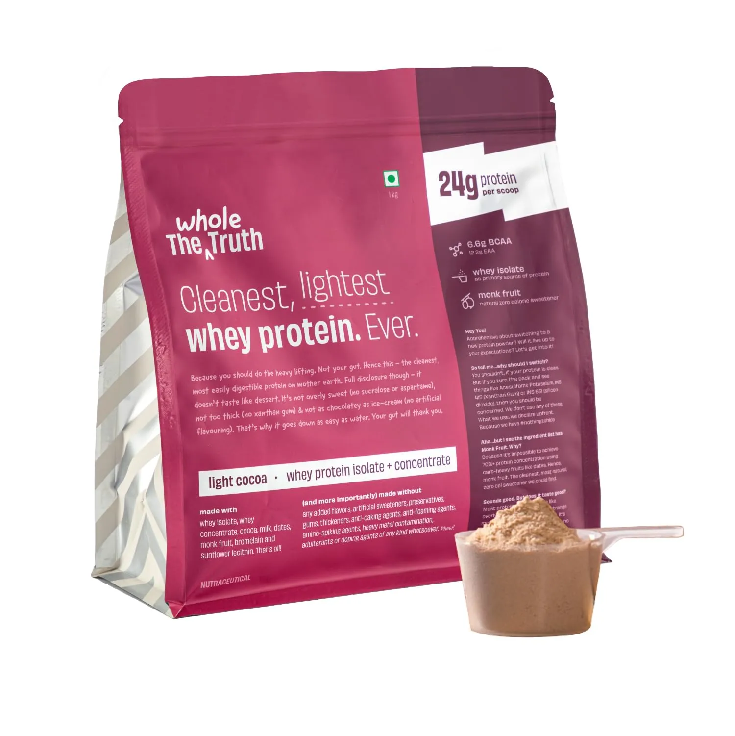 The Whole Truth Light Cocoa 1 Kg|24g Protein|6.6g Bcaa Whey Protein
