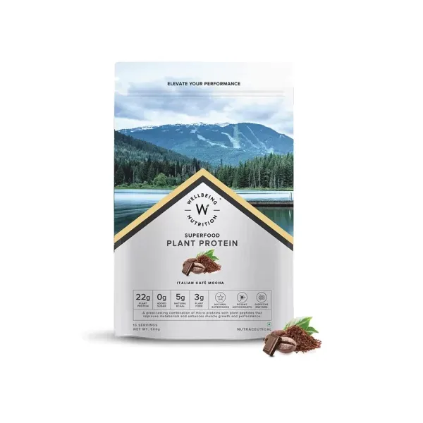 Wellbeing Nutrition Superfood Plant Protein Powder Italian Cafe Mocha  Flavour 500g - Cureka - Online Health Care Products Shop