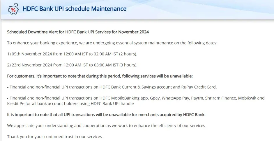 HDFC Bank Scheduled Downtime for November 2024