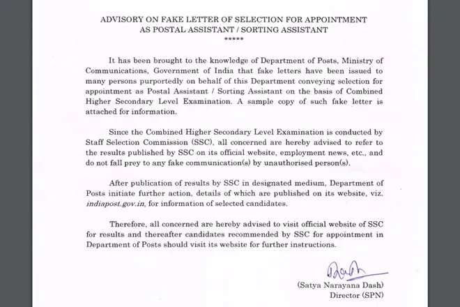Department of posts issued advisory on fake letter of selection for appointment as POSTAL ASSISTANT / SORTING ASSISTANT