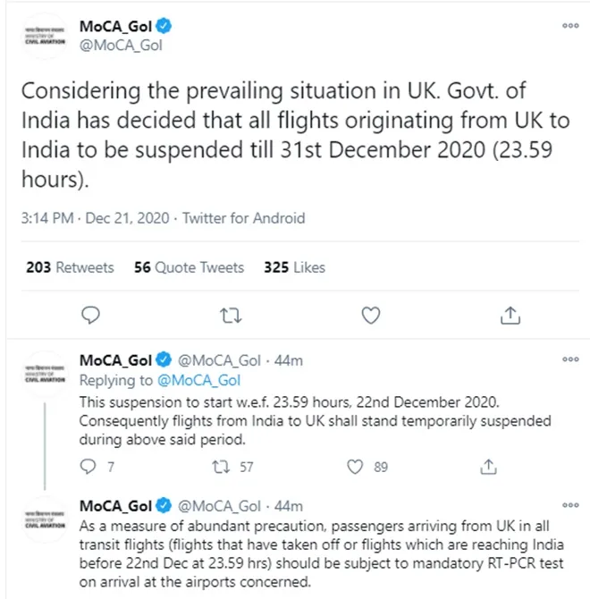 Government of India has decided that all flights between UK to India to be suspended till 31st December 2020, Considering the prevailing covid19 situation in UK