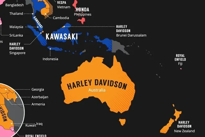 WORLD MAP CREARED BASED ON Country-wise most popular motorcycles Harley Davidson MOST SEARCHED 