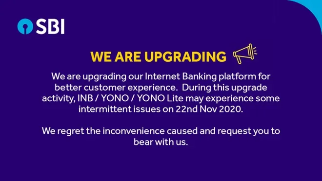 SBI is upgrading its internet banking platform, customer may face issues in internet banking, YONO and YONO Lite