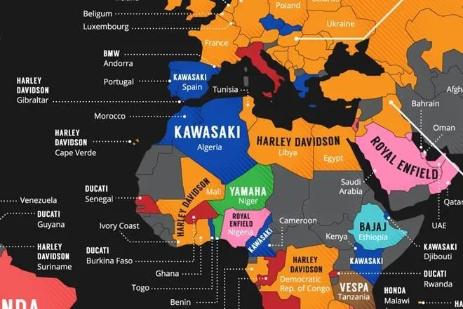 WORLD MAP CREARED BASED ON Country-wise most popular motorcycles Harley Davidson MOST SEARCHED 