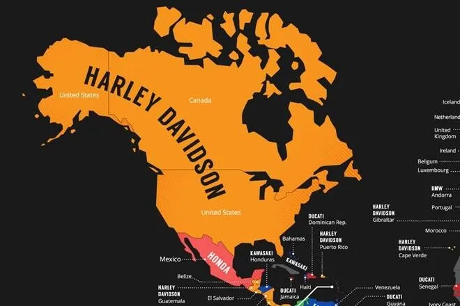 WORLD MAP CREARED BASED ON Country-wise most popular motorcycles Harley Davidson MOST SEARCHED 