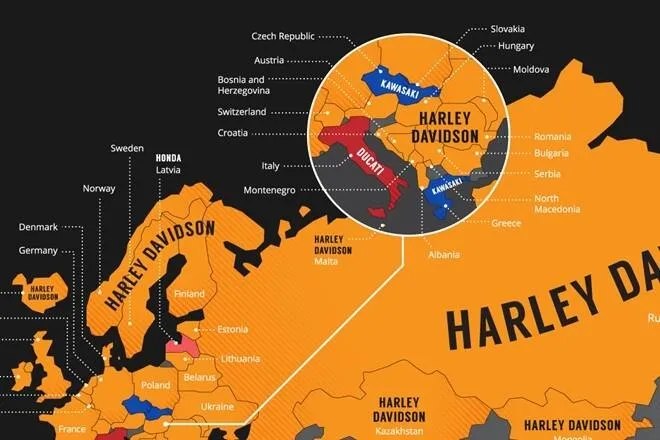 WORLD MAP CREARED BASED ON Country-wise most popular motorcycles Harley Davidson MOST SEARCHED 