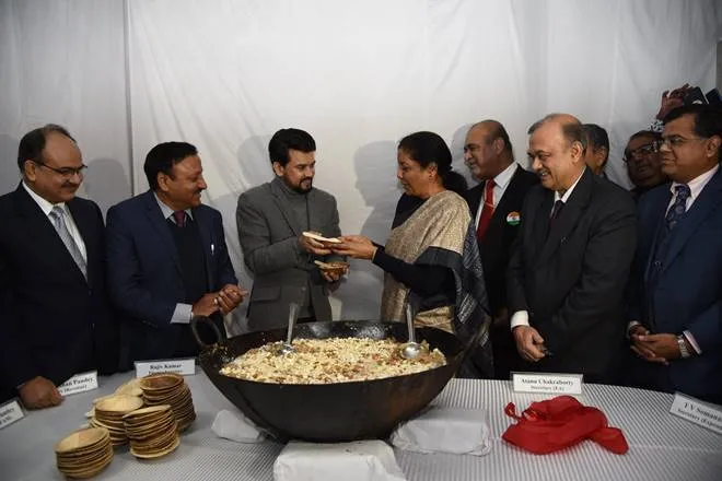 Finance Minister Nirmala Sitharaman at Halwa Ceremony being held at Ministry of Finance, North Block, to mark the beginning of printing of Budget documents 