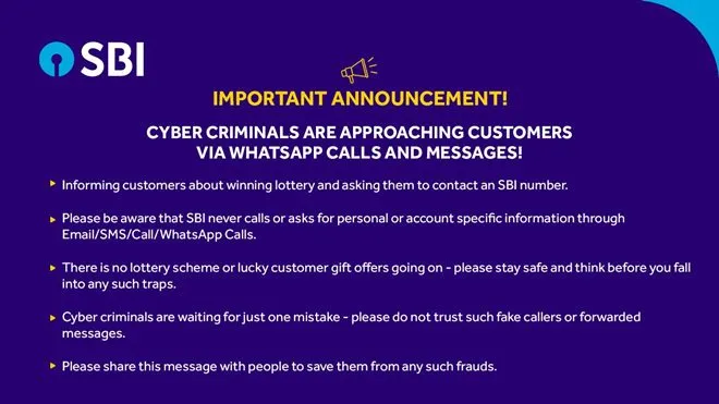 SBi cautions, cyber criminals are approaching customers via whatsapp calls and messages