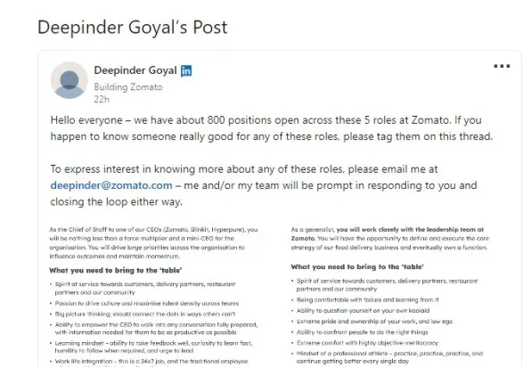 Zomato CEO LinkedIn Post
