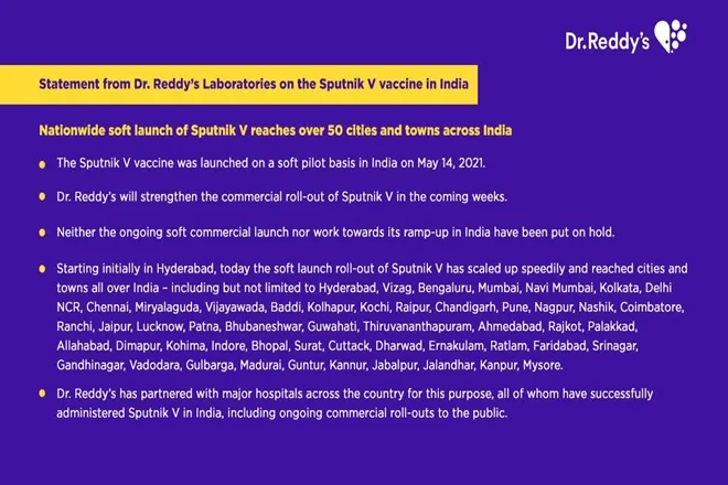 Sputnik V soft launched in over 50 cities in India says Dr Reddys
