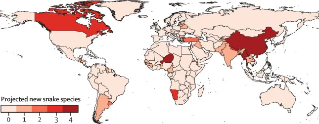 Potential number of new snake species in each country, 2070