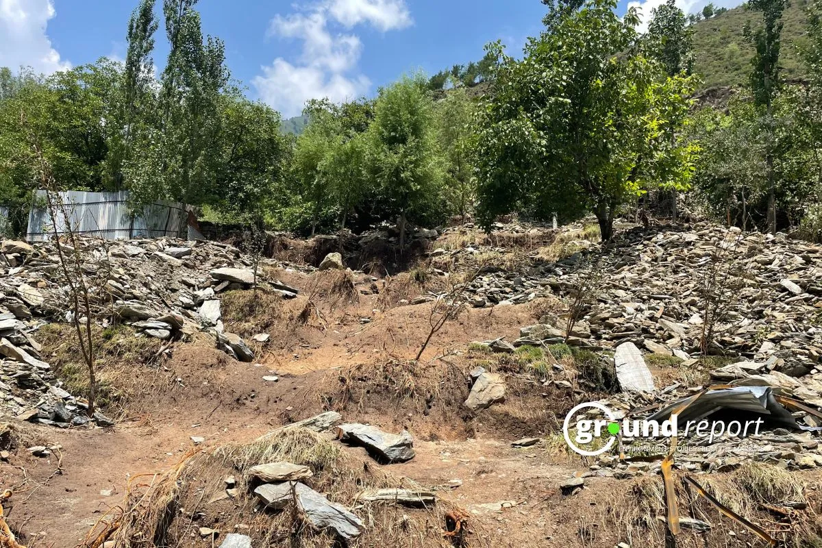 Devastated agricultural land in Kawacherwan village after the cloudburst, where local farmers have lost their crops and livelihoods