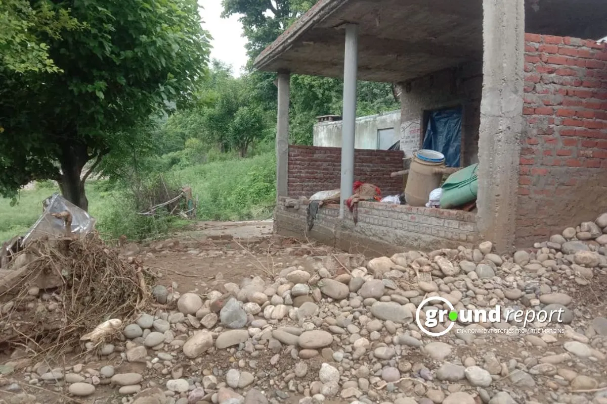 Collapsed structures in Doonga village, Kathua district, after a cloudburst on August 6 left 15 houses damaged and families homeless.