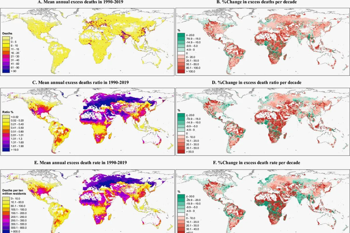 Average and the change per decade of excess deaths (A, B), death ratio (%, C, D), and deaths per 10 million residents (E, F) associated with heatwaves in 1990–2019 at a spatial resolution of 0.5°×0.5°.