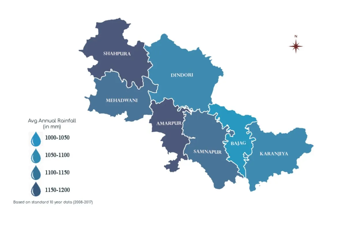 Dindori block map Average Annual Rainfall (in mm)