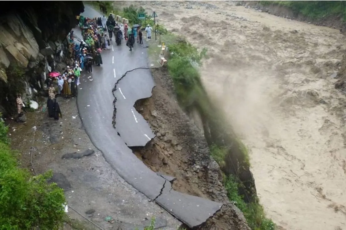 flood damaged road alongside the River Alaknanda in Chamoli district in the northern Indian state of Uttarakhand