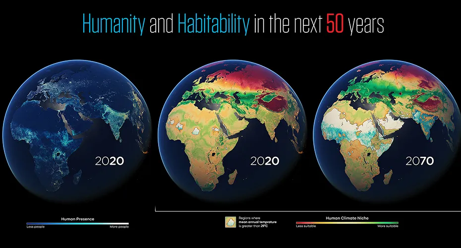 parts of the world where the mean annual temperature will be above 29C – dangerously hot for humans – at 1.5C of global warming, then at 2.7C warming