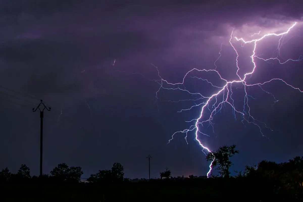 A dramatic lightning strike cuts through the night sky in Madhya Pradesh