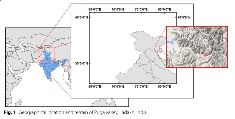 Geographical location and terrain of Puga Valley, Ladakh, India