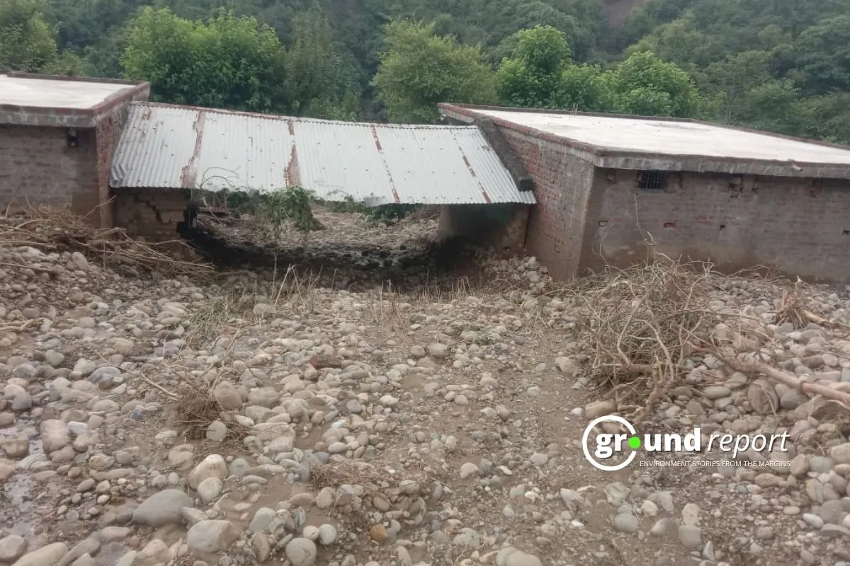 The devastating aftermath of the cloudburst in Doonga village, Kathua. The powerful surge of water flattened structures and buried the area in debris