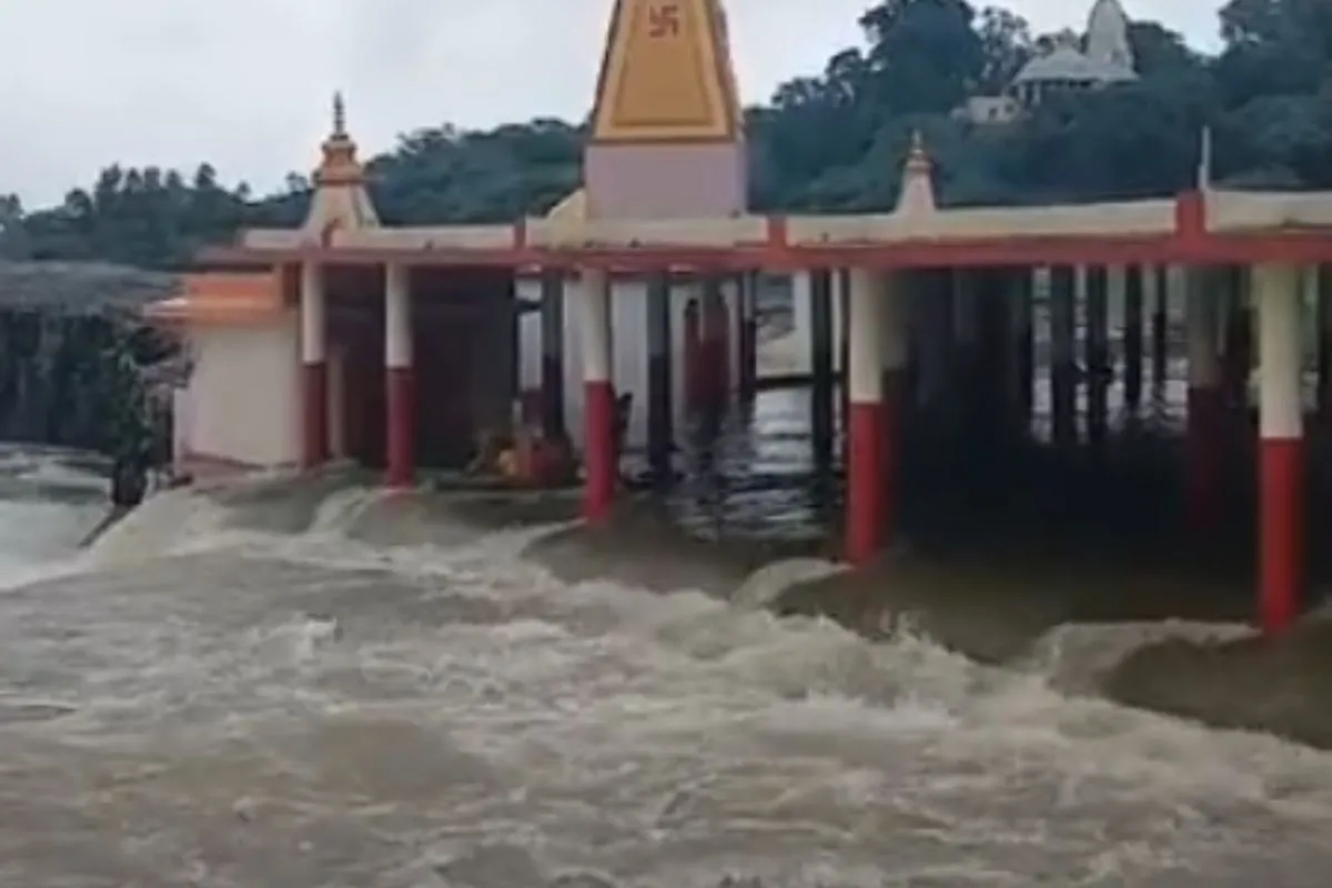 Floodwaters submerging a temple on the banks of the Shipra River in Ujjain, Madhya Pradesh