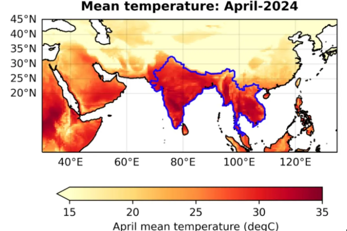 April mean temperature 2024. The blue outline shows the region with the most extreme heat in South Asia.