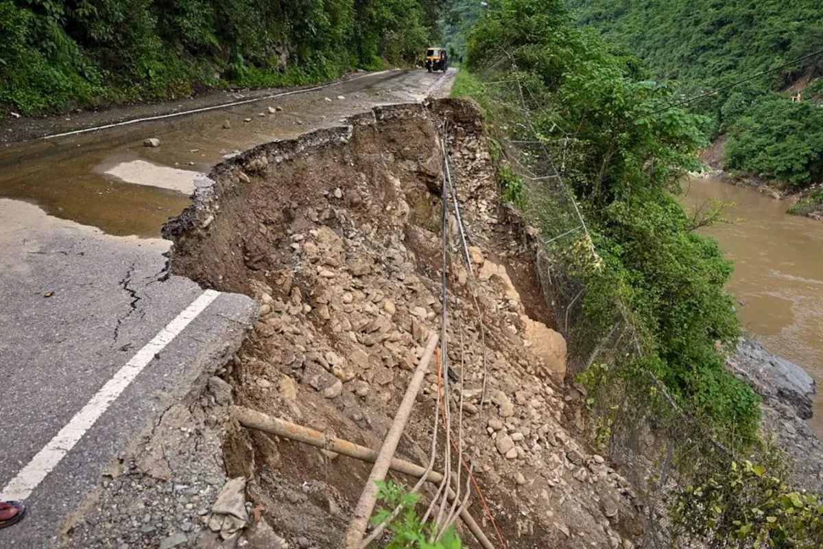 Landslide damages a road in Uttarakhand, highlighting the increasing frequency of such incidents in 2023.