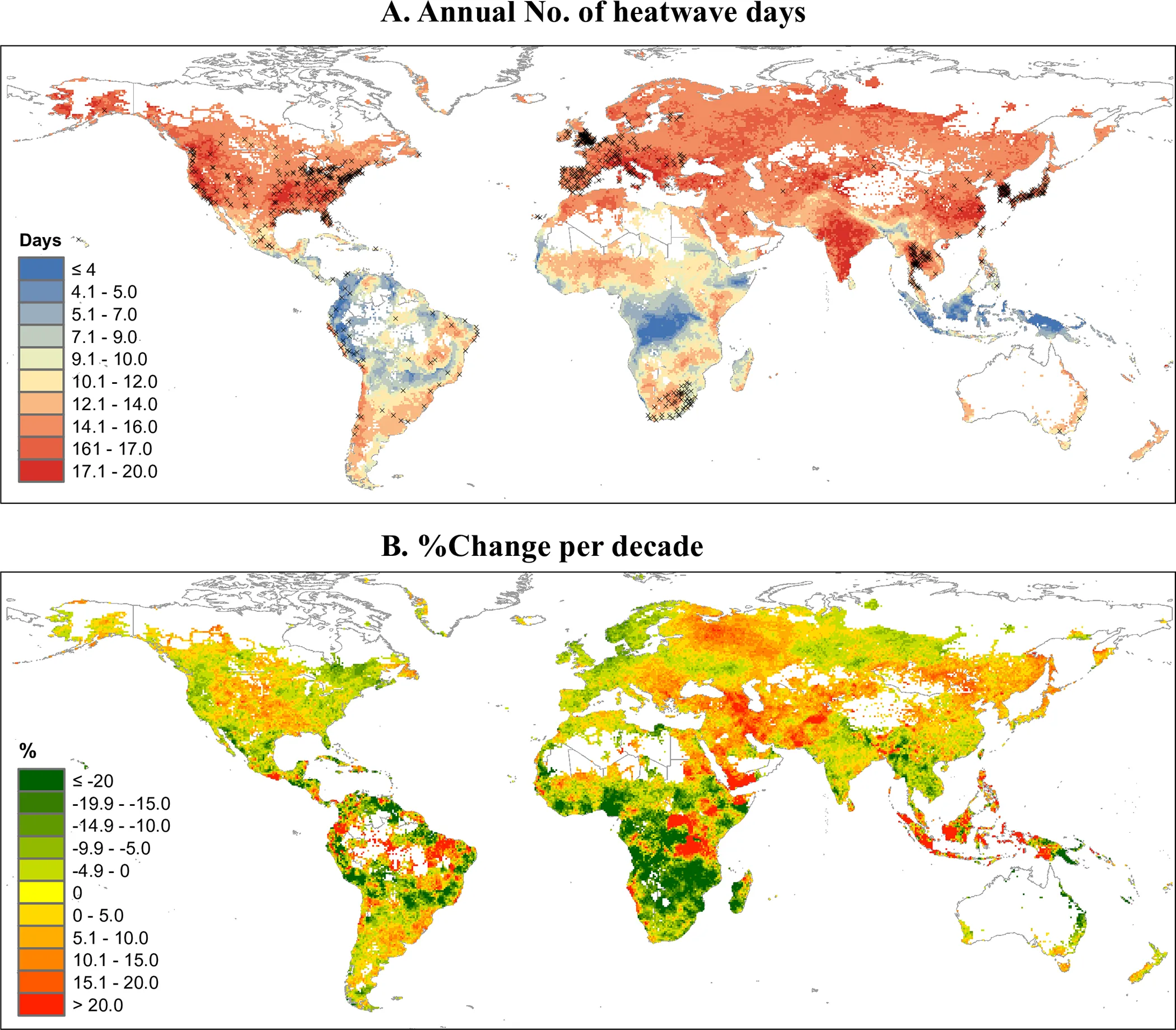 Heatwave days (A) and the change per decade (B) at a spatial resolution of 0.5°×0.5° across the globe per warm season during 1990–2019.