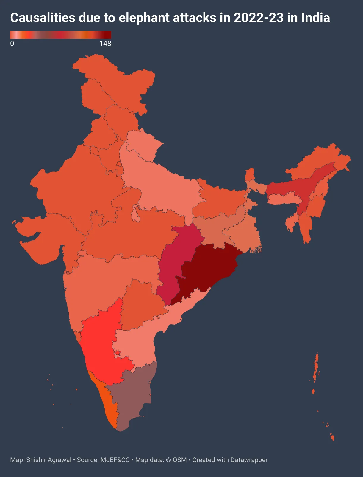 calsualties due to elephant attacks in India in 2023, chart