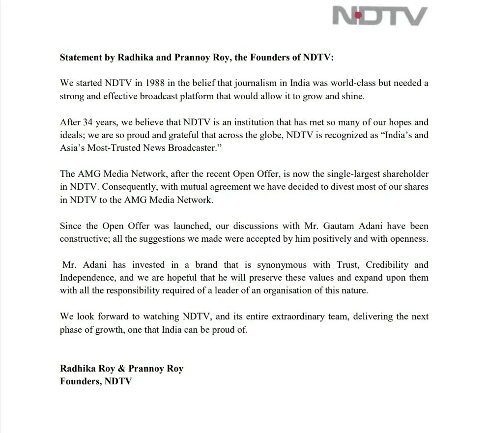 statement by Radhika and pranoy roy on NDTV Adani Takeover