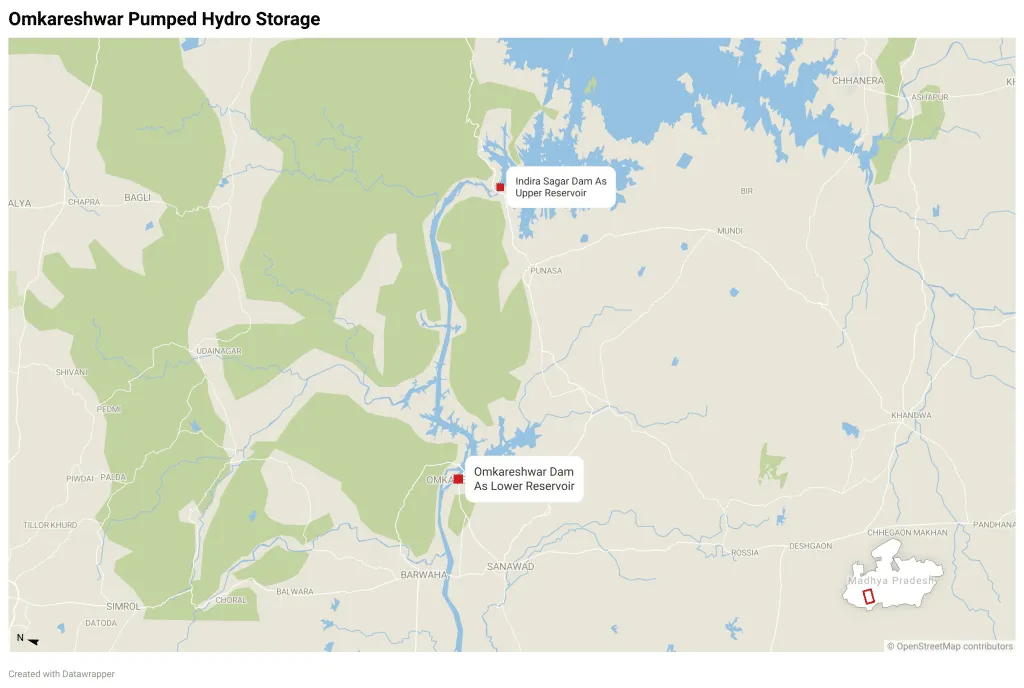 ओंकारेश्वर में प्रस्तावित पंप जल भंडारण परियोजना के लिए स्थल | डाटावैपर के साथ मानचित्र बनाया गया