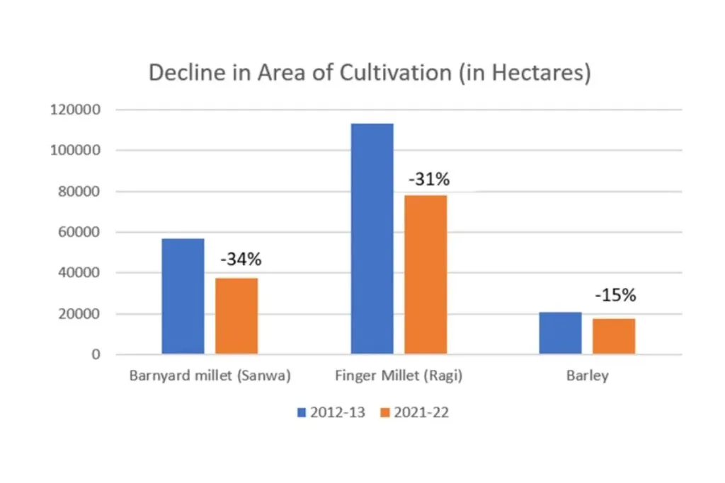 The area under cultivation of Barnyard millet has reduced by 34% from 56870 hectares in 2012-13 to 37594 hectares in 2021-22. The area under cultivation finger millet cultivation has reduced by 31% from 113210 hectares in 2012-13 to 77927 hectares in 2021-22. The area under cultivation of barley has reduced by 15% from 20702 hectares in 2012-13 to 17514 in 2021-22. Source: Department of Agriculture, Government of Uttarakhand