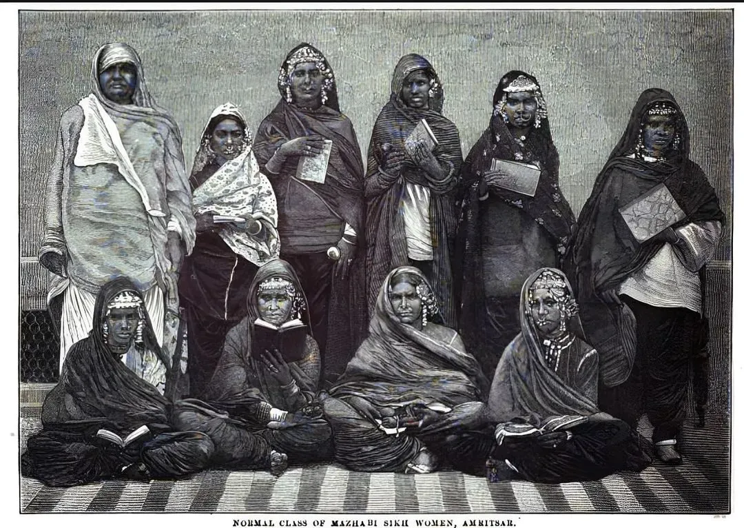 An 1889 lithograph of a ‘Normal Class of Mazhabi Sikh Women, Amritsar, depicts women in their traditional attire and is based on a photograph.