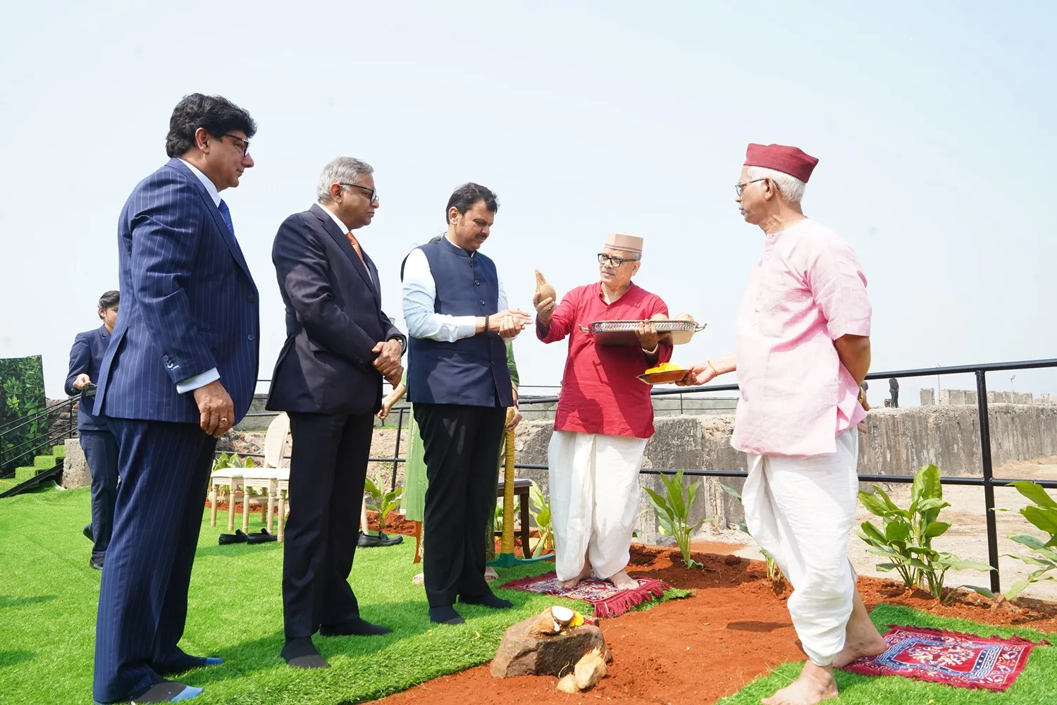 Puneet Chhatwal Managing Director and CEO IHCL with Mr N Chandrasekaran Chairman Tata Sons and Mr Devendra adnavis Chief Minister Maharashtra at the Bhumi Pujan of the Taj Bandstand