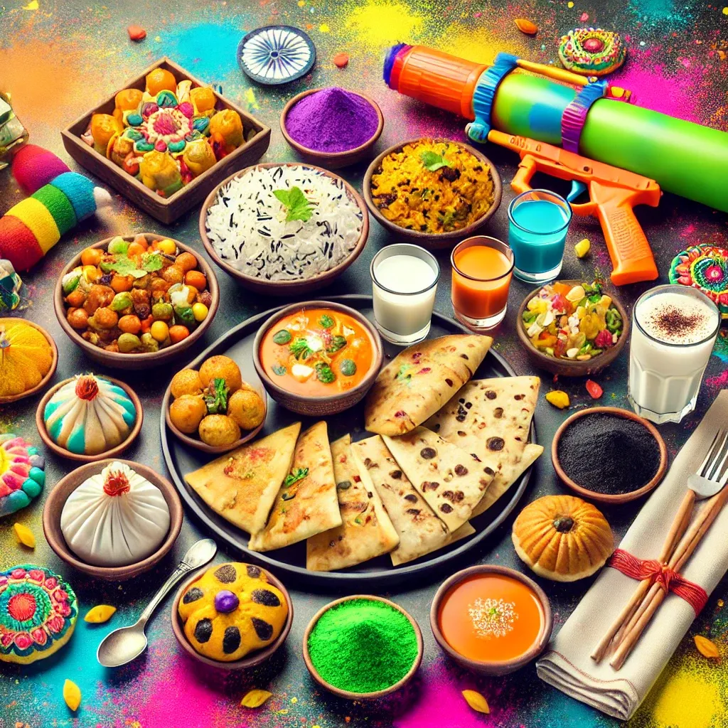 A festive Indian Holi celebration scene featuring a traditional assorted lunch spread The meal includes paneer butter masala naan jeera rice black