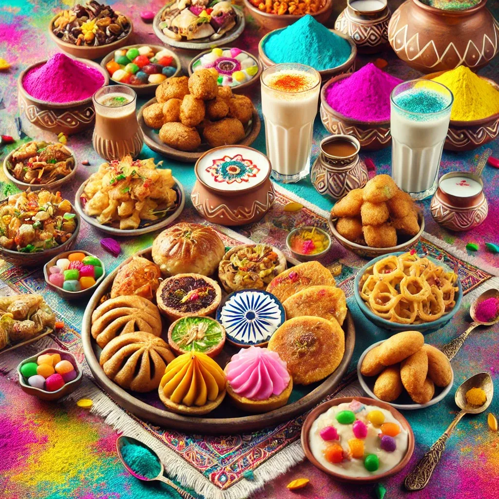 A vibrant Holi festive food spread featuring traditional Indian delicacies. The table is adorned with colorful sweets like gujiya, malpua, and jalebi,