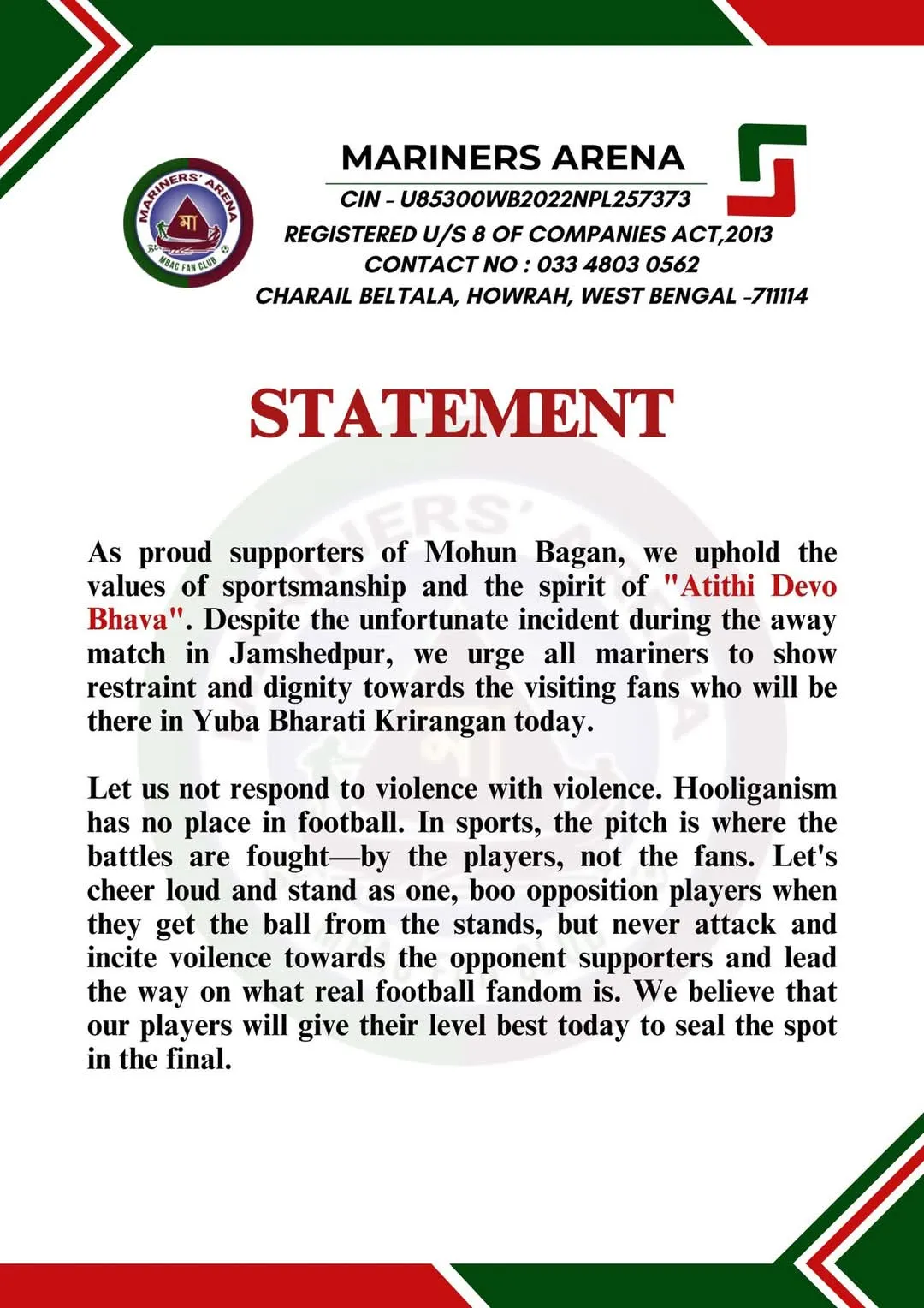 Mariners Arena Statement